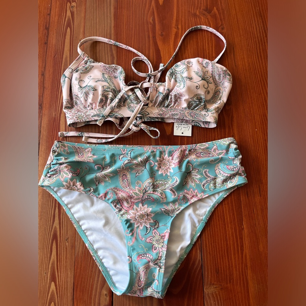 Cupshe Arty Petals Shirred Lace Back Bralette & Mid Ride Bikini Bottom Set - Picture 8 of 11
